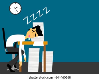 Business man sleeping at his office desk with tired and a lot of document. Flat vector design.