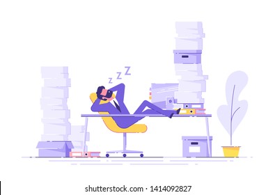 El hombre de negocios duerme en su escritorio durante las horas de trabajo con los montones de documentos de papel alrededor. Procrastinando y desperdiciando el concepto del tiempo. Ilustración vectorial.