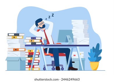 Business man is sleeping at his workplace desk during working hours with the piles of paper document around. Procrastinating and wasting time concept. Vector illustration in flat style