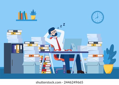 Business man is sleeping at his workplace desk during working hours with the piles of paper document around. Procrastinating and wasting time concept. Vector illustration in flat style