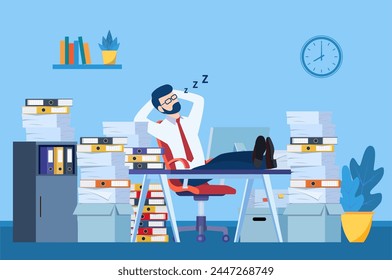 Business man is sleeping at his workplace desk during working hours with the piles of paper document around. Procrastinating and wasting time concept. Vector illustration in flat style