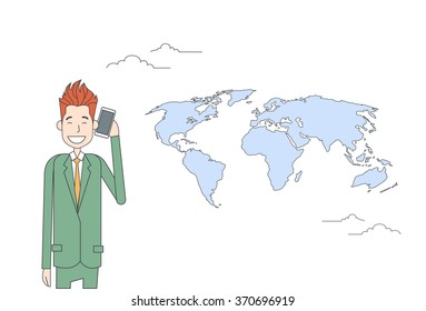 Business Man Smart Cell Phone Talk Over World Map Background Businessman Network Communication Concept Vector Illustration