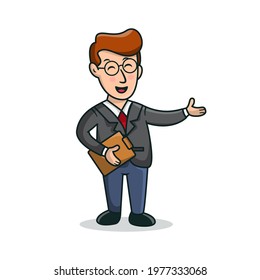 Business man With Smile Face holding document and raising hand. Bsiness man vector illustration flat design