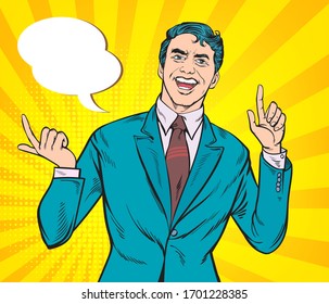 The business man smiles and laughs while raising both hands to pose.  Pop art retro hand drawn style vector design illustrations.
