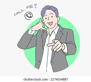 Business man smiling doing talking on the telephone gesture and pointing to you. Call me, Hand drawn in thin line style, vector illustrations.