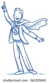 Business man smiling happy in super hero outfit. Hand drawn vector cartoon doodle illustration