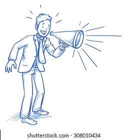 Business man smiling happy while shouting in megaphone, hand drawn doodle vector illustration