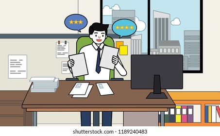 Business man smiling in office while looking at documents