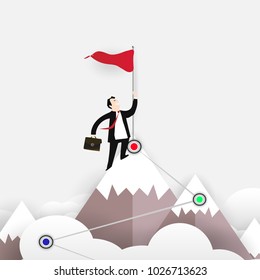 Business man is smiling success in business on peak of mountain for his goal background. business vector illustration
