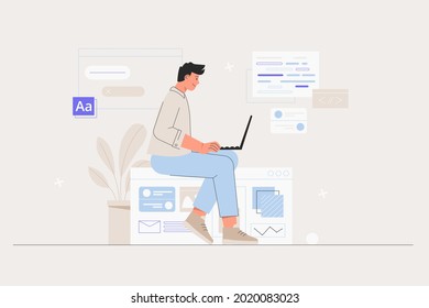 Business man, smm manager, programmer, sit on infographic and work on laptop. Freelancer working on web and application development on computers. Software developers. Flat style vector illustration.