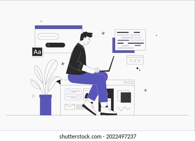 Empresario, gestor de smm, programador, sentado en infografía y trabajar en laptop. Trabajador independiente trabajando en el desarrollo de aplicaciones y web en computadoras. Desarrolladores de software. Ilustración vectorial de estilo plano.