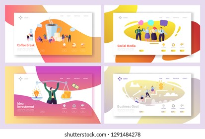 Business Man Social Investment Idea Landing Page Set. Office Character Coffee Break Time. Creative Company Team Climb for Goal Growth Website Concept for Web Page. Flat Cartoon Vector Illustration