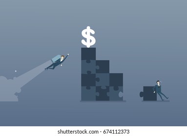 Business Man Solve Puzzle Making Stairs And Flying With Rocket To Dollar Money Success Competition Concept Flat Vector Illustration