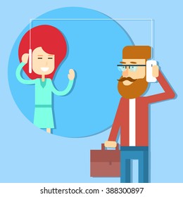 Business Man Speak Cell Smart Phone With Woman Flat Vector Illustration