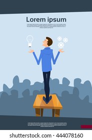 Business Man Speaker Hold Light Bulb New Idea Success Concept Flat Vector Illustration