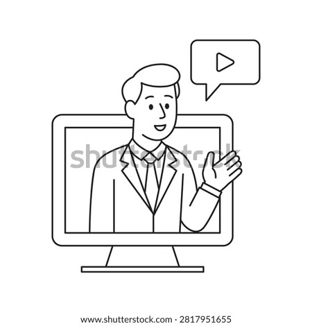 Business man speaker presenting online video lesson from computer monitor screen