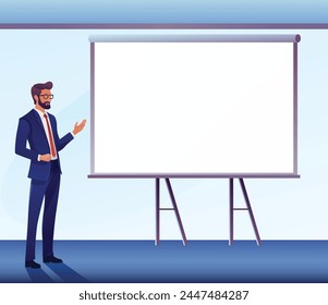 A business man speaker presenting or teaching in front of a projector screen at a presentation, seminar lecture or training conference talk.