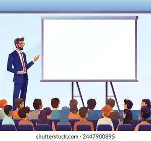 A business man speaker presenting or teaching in front of a projector screen at a presentation, seminar lecture or training conference talk in front of an audience or team.