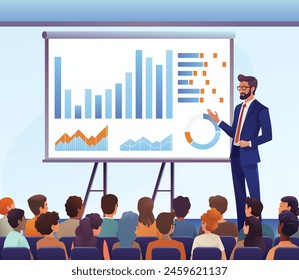 Geschäftsmann-Referent, der vor dem Projektorbildschirm mit Grafiken oder Infografiken präsentiert oder unterrichtet. Bei der Präsentation, Seminar Vorlesung Training Conference Talk vor Publikum oder Team.