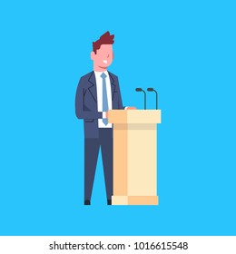 Business Man Speaker Sanding At Tribune Character Businessman Corporate Isolated Flat Vector Illustration