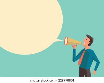 Business man speaking through megaphone with speech bubble for your text or your design. Flat design with cubic style for character of woman. 