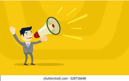 Business Man Speaking Through Megaphone. Vector Flat Illustration