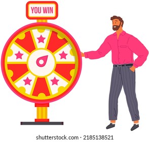 Business man spinning wheel of fortune stand isolated on white gambler tries his luck in casino. Man playing risk game with fortune wheel and lottery. Happiness and unhappiness, luck and failure