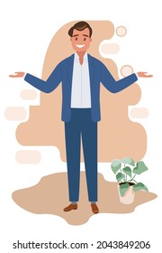 The business man spreads his hands to the sides. Vector illustration in a flat style.