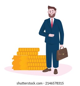 Business man with stack of coins. Earning money concept.