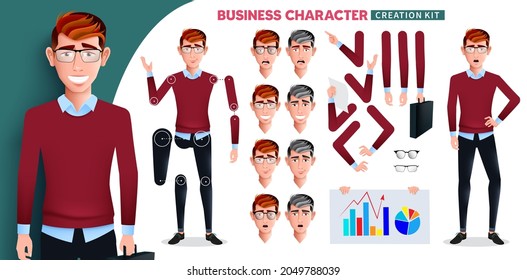Business man staff creation kit vector set. Businessman characters with editable body parts, facial expressions and business elements for employee creator design. Vector illustration.
