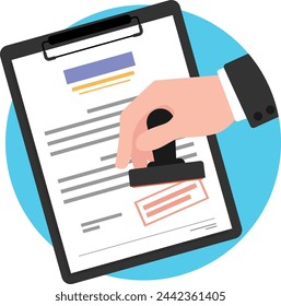 Hombre de negocios estampando en un portapapeles de papel de documento. Manos de hombre de negocios sosteniendo un sello, documento con clip de papel en la vista superior.