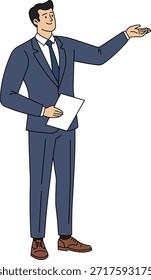 business man stand with explain presentation holding document isolated vector illustration