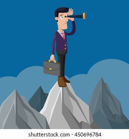 Business Man Stand Look Mountain Vector