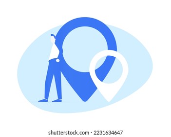 Hombre de negocios parado al lado de dos punteros de mapa grandes. Traslado, sucursales de empresas abiertas, franquicia en nueva oficina, concepto de negocio creciente en todo el mundo