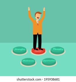 business man stand on red target button,illustration,vector 