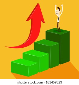 Business man stand on the top of bar graph with uptrend arrow