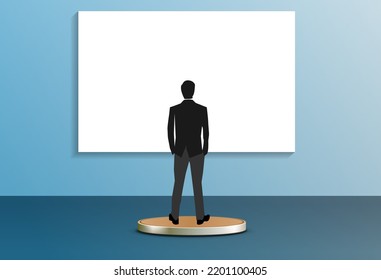 business man stand up professor Vector Character Teaching in Blank White Board for Presentation or Space for Text. Vector Illustration

