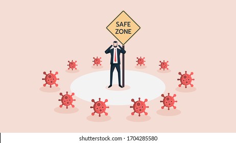 Business Man Stand in Safe Zone. Surrounded by Covid-19 Coronavirus Crisis. Business People Survive or Handle or Control His Business or Company or Finance Concept. Vector Conceptual Illustration.