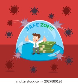 Hombre de negocios en una zona segura rodeada por Coronavirus, ataque de virus, ilustración de dibujos animados vectores
