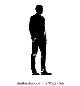 Business man standing, abstract vector silhouette, ink drawing. Isolated business people, side view