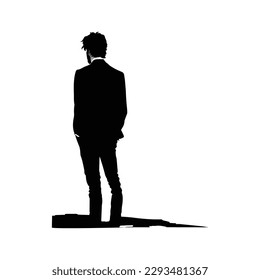 Business man standing, abstract vector silhouette, ink drawing. Isolated business people with a black suit back view
