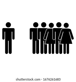 Business man standing against corporate team. Leadership metaphor. Modern flat black style vector illustration isolated on white background. Avoid crowds people concept 