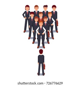 Business man standing against corporate team in wedge formation. Power and stress of leadership metaphor. Modern flat style thin line vector illustration isolated on white background.