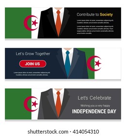 Business Man Standing Alegeria country flag in Website banner. set with different text. Contribute to Society. Let's grow Together. Happy Independence Day. Vector web banner illustration