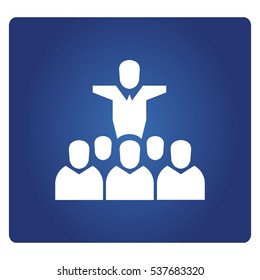 business man standing among crowd of people on blue background for leadership concept