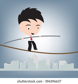 Business Man standing balance on wire or rope, risk management concept, illustration vector