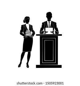 Business man standing behind pulpit and reading news for audience. Presentation of product or Announcement for employees of company concept. Vector illustration. Business woman holds stack of books.