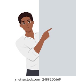 Business man is standing behind the white blank banner and pointing down at a copy space. Flat vector illustration isolated on white background