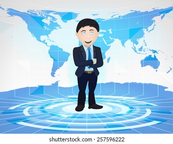 business man standing in blue virtual studio with world map vector character illustration drawing 