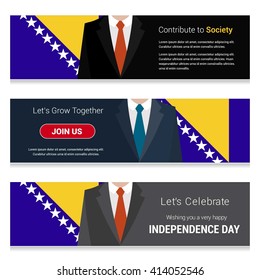 Business Man Standing Bosnia and Herzegovina country flag in Website banner. set with different text. Contribute to Society. Let's grow Together. Happy Independence Day. Vector web banner illustration